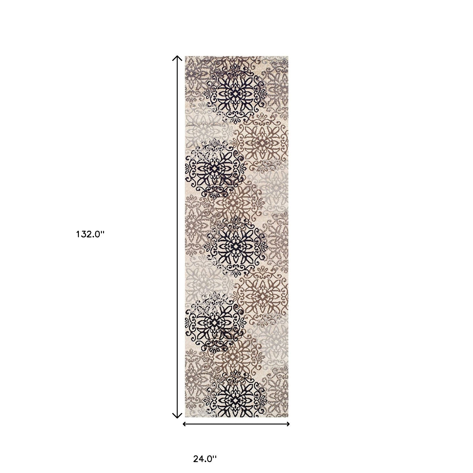 Tan Gray And Black Floral Medallion Stain Resistant Runner Rug 11'