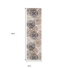 Tan Gray And Black Floral Medallion Stain Resistant Runner Rug 11'