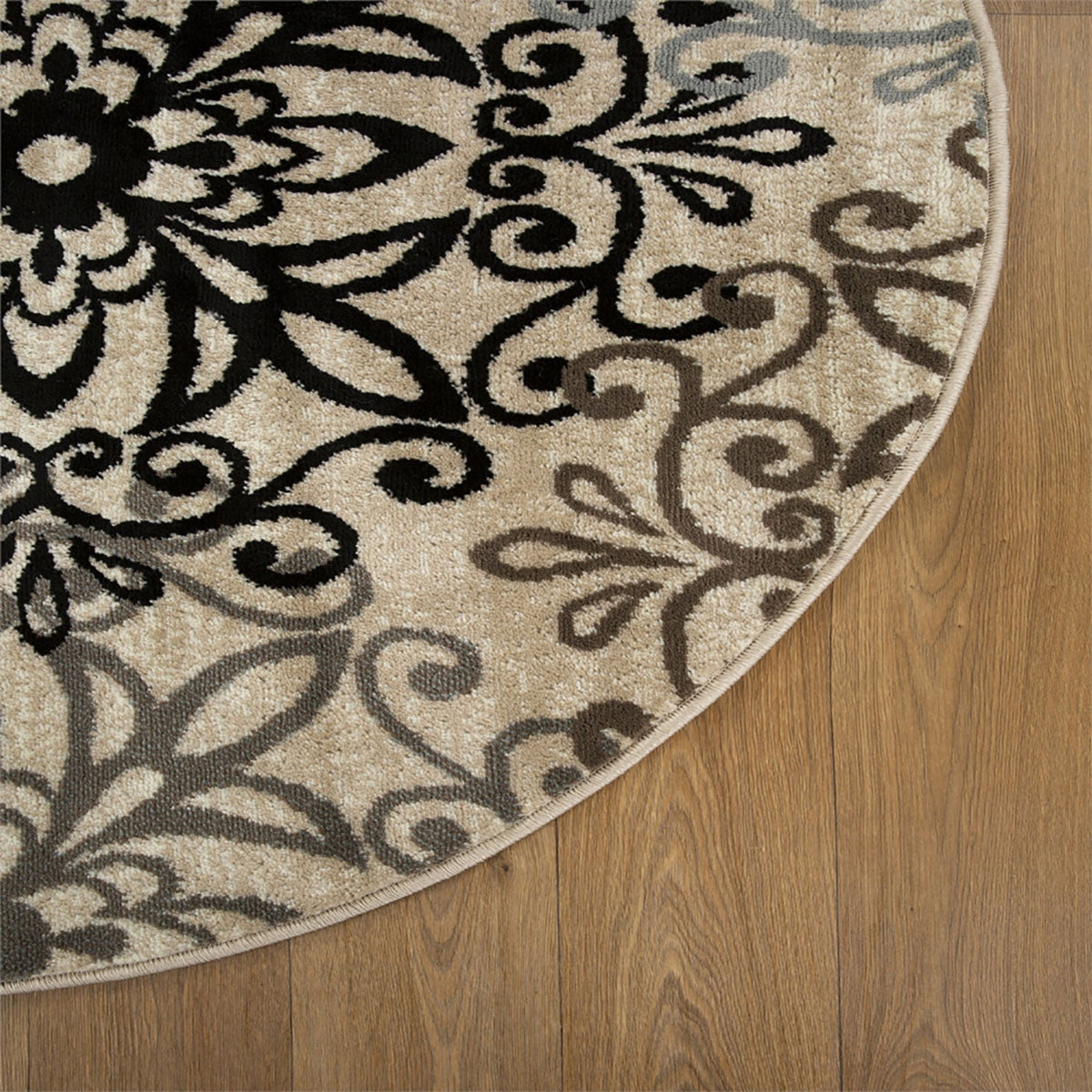 5' Round Tan Gray And Black Round Floral Medallion Stain Resistant Area Rug