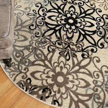 5' Round Tan Gray And Black Round Floral Medallion Stain Resistant Area Rug