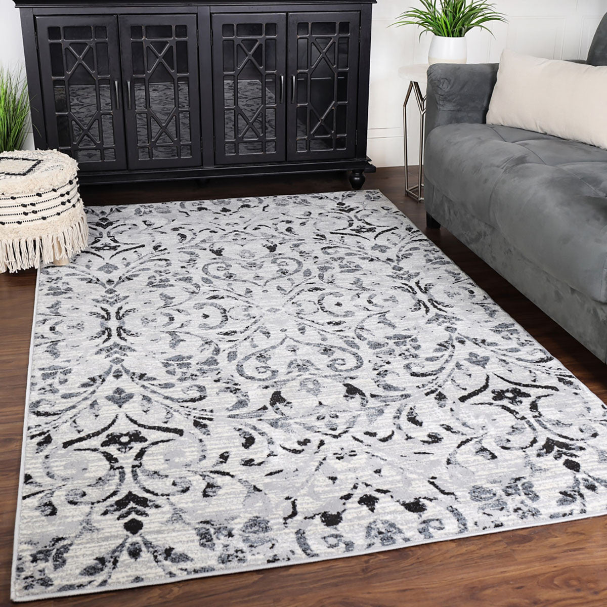 5' X 8' Platinum Floral Vines Power Loom Stain Resistant Area Rug