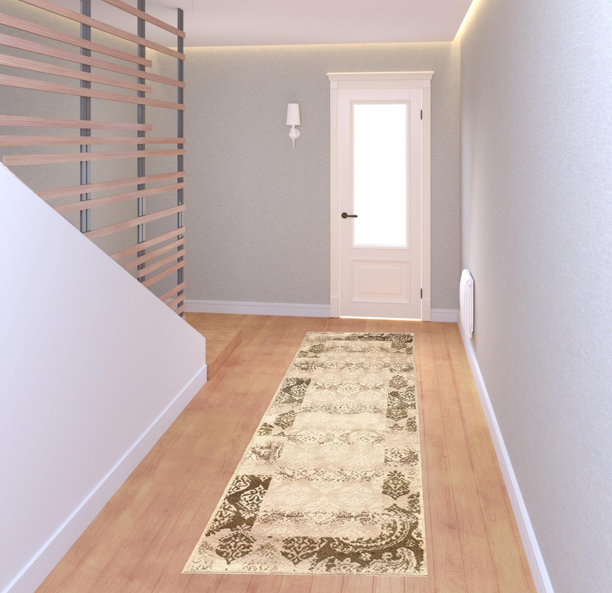 8' Beige Damask Power Loom Distressed Stain Resistant Runner Rug