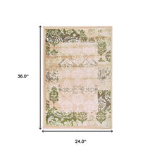 2' X 3' Beige Damask Power Loom Distressed Stain Resistant Area Rug