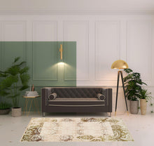 5' X 8' Beige Damask Power Loom Distressed Stain Resistant Area Rug