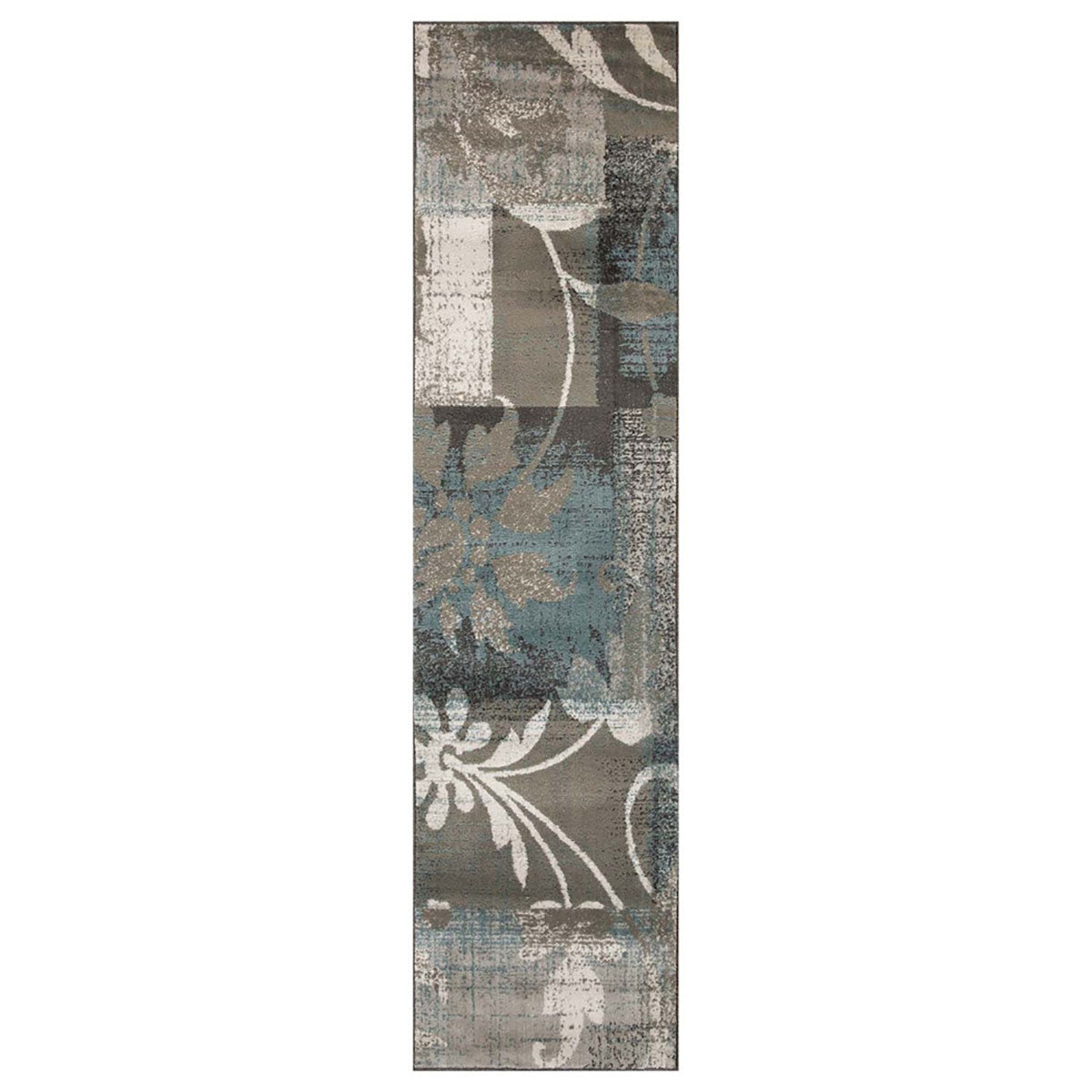 Teal Gray And Tan Floral Power Loom Distressed Stain Resistant Runner Rug 10'