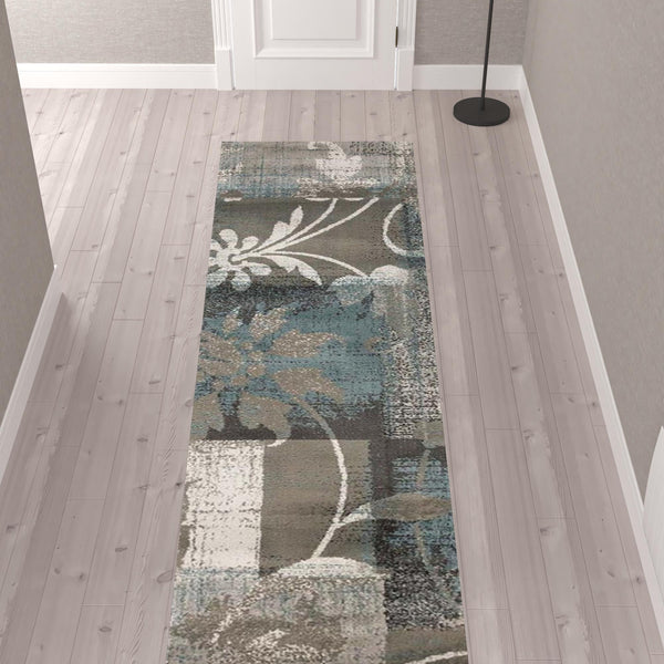 Teal Gray And Tan Floral Power Loom Distressed Stain Resistant Runner Rug 10'