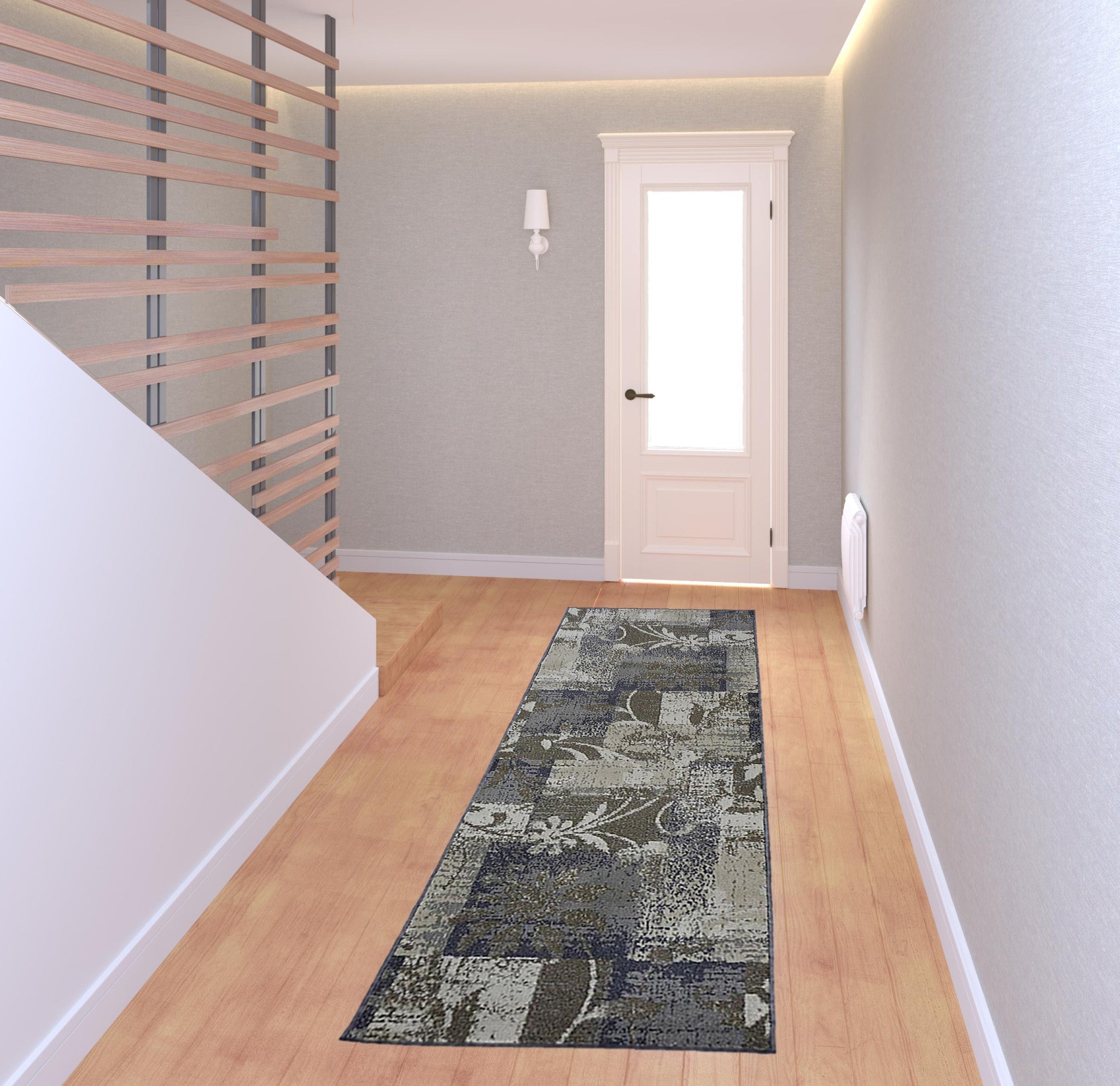 8' Ivory Gray And Olive Floral Power Loom Distressed Stain Resistant Runner Rug