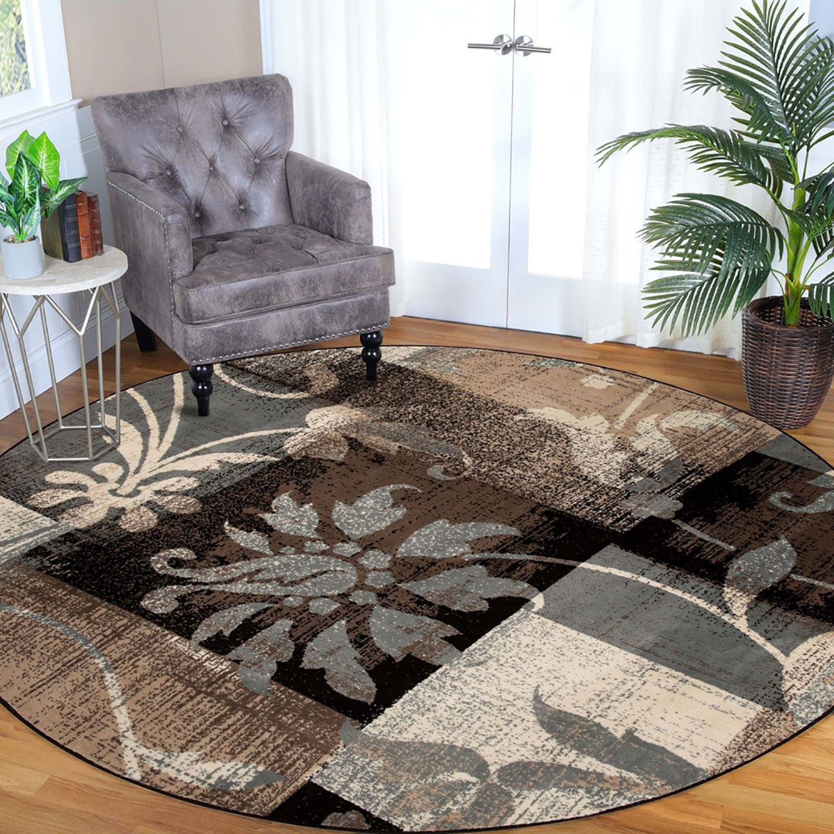 5' Round Beige And Gray Round Floral Power Loom Distressed Stain Resistant Area Rug