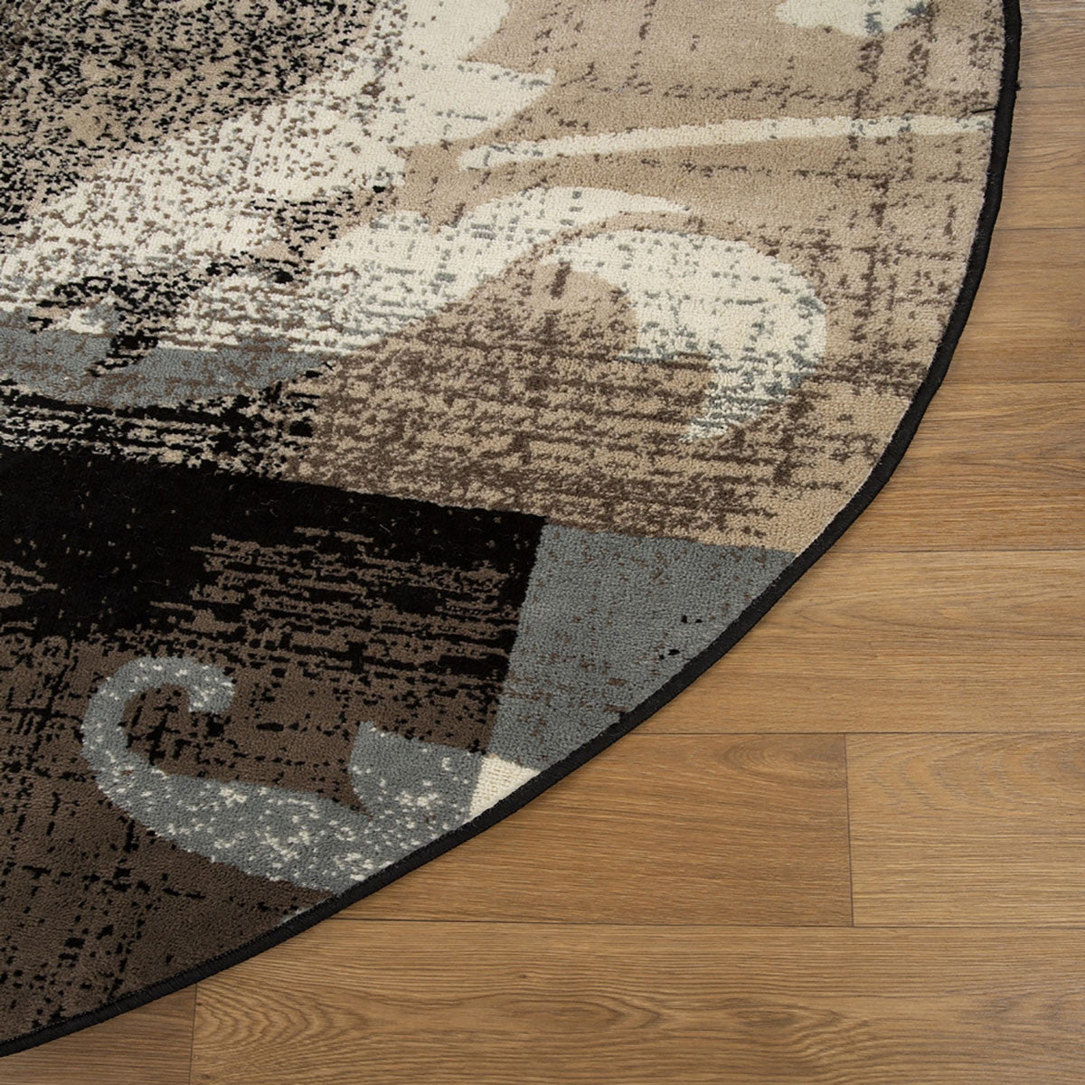 5' Round Beige And Gray Round Floral Power Loom Distressed Stain Resistant Area Rug