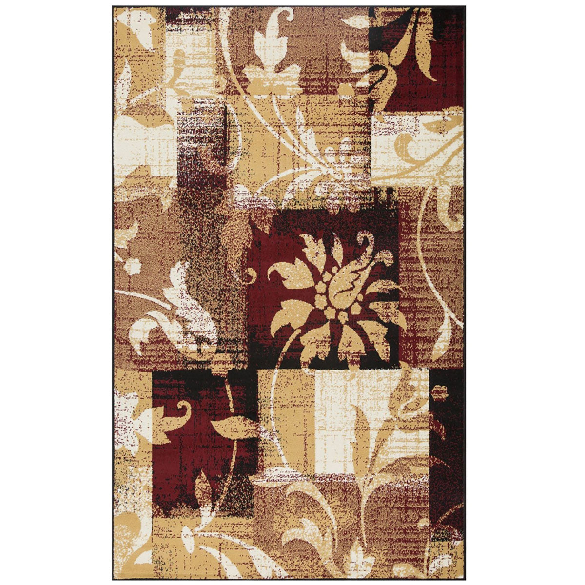 5' X 8' Burgundy And Beige Floral Power Loom Distressed Stain Resistant Area Rug