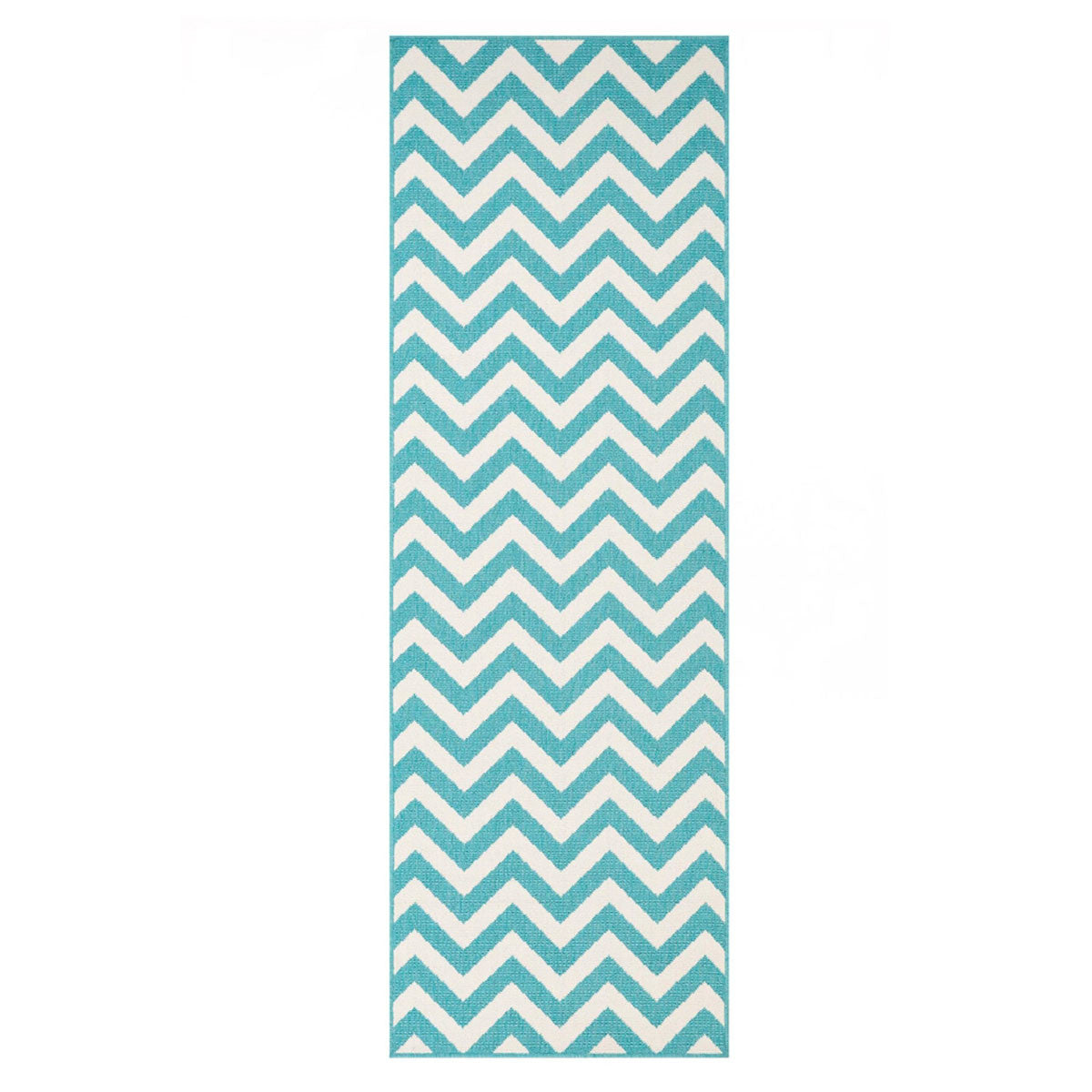 8' Runner Blue-Green/Cream Chevron Stain Resistant Indoor Outdoor Runner Rug