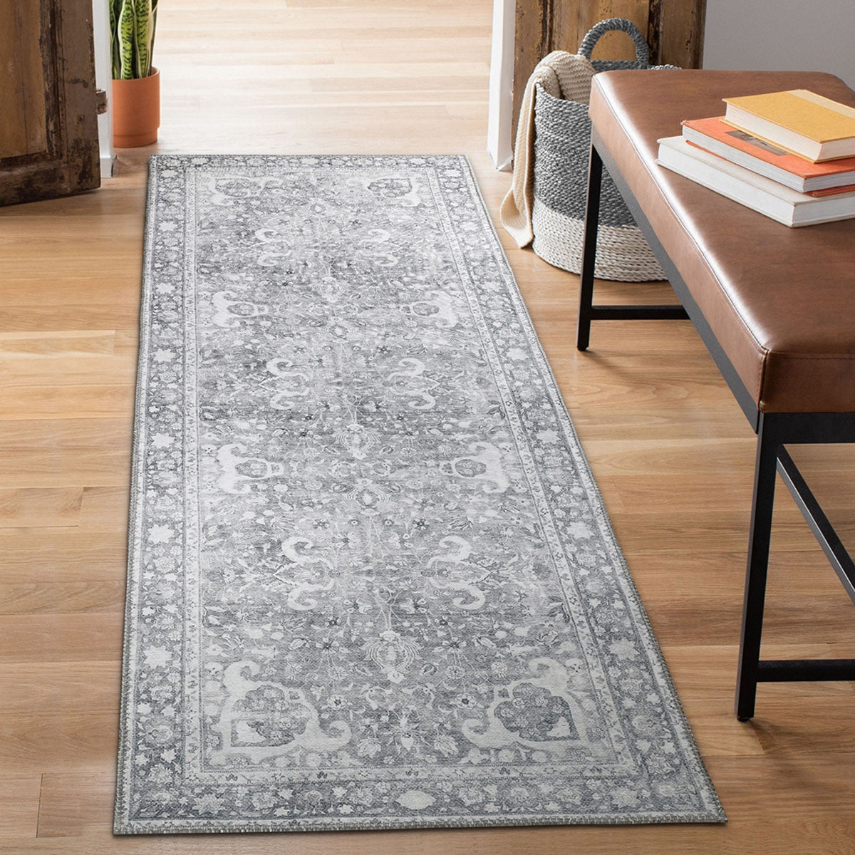 8' Charcoal Medallion Power Loom Stain Resistant Runner Rug