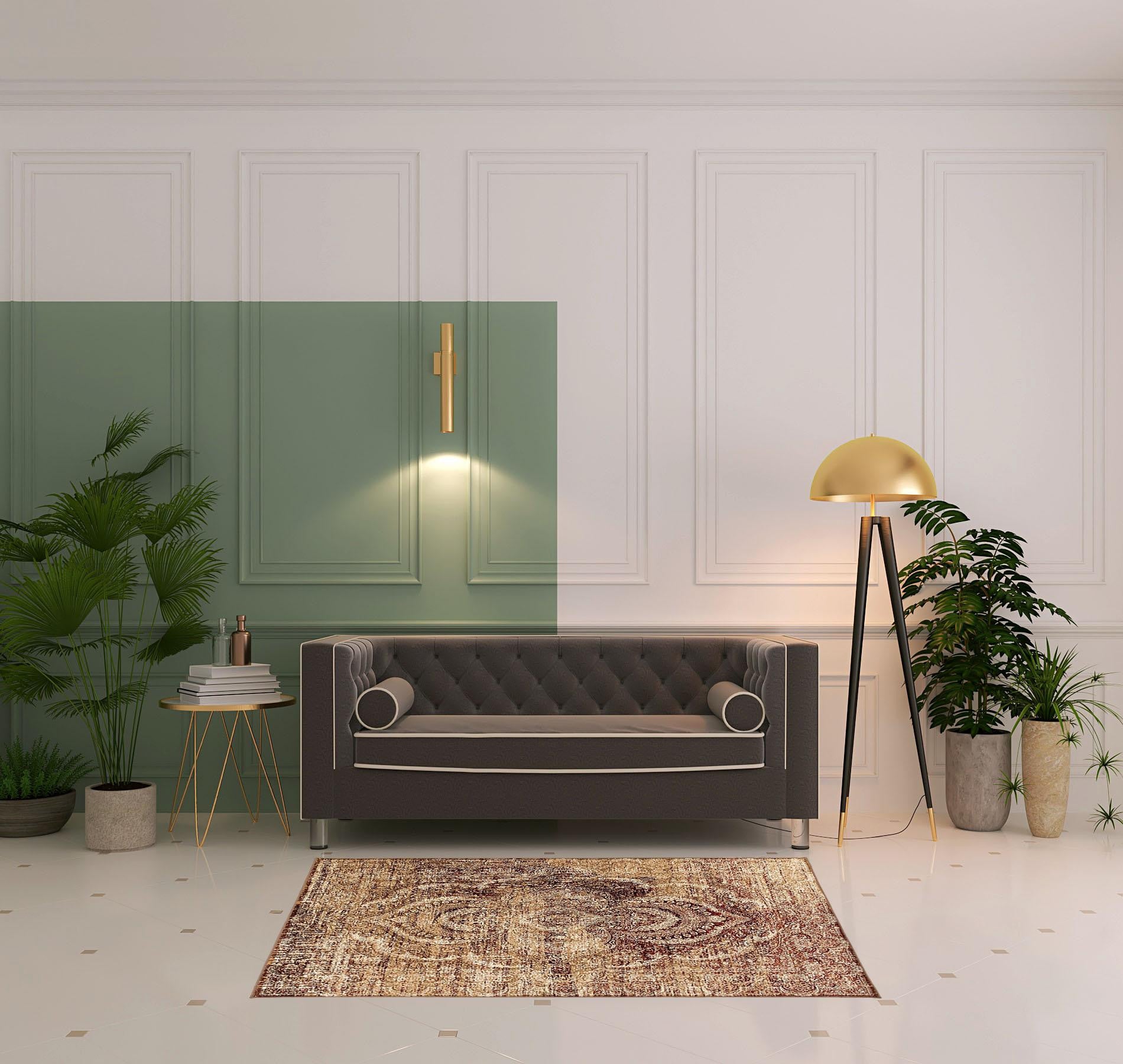 Maroon And Gold Abstract Power Loom Distressed Stain Resistant Area Rug - 4' x 6'