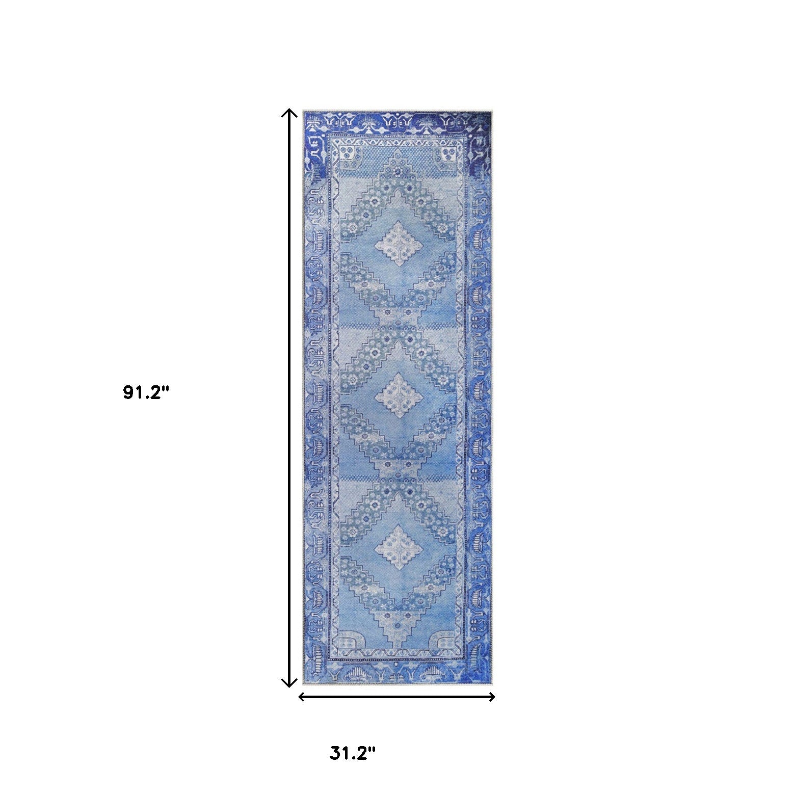 8' Shades Of Blue Geometric Power Loom Distressed Stain Resistant Non Skid Runner Rug