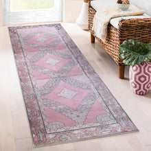8' Pink Geometric Power Loom Distressed Stain Resistant Non Skid Runner Rug
