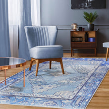 4' X 6' Shades Of Blue Geometric Power Loom Distressed Stain Resistant Non Skid Area Rug