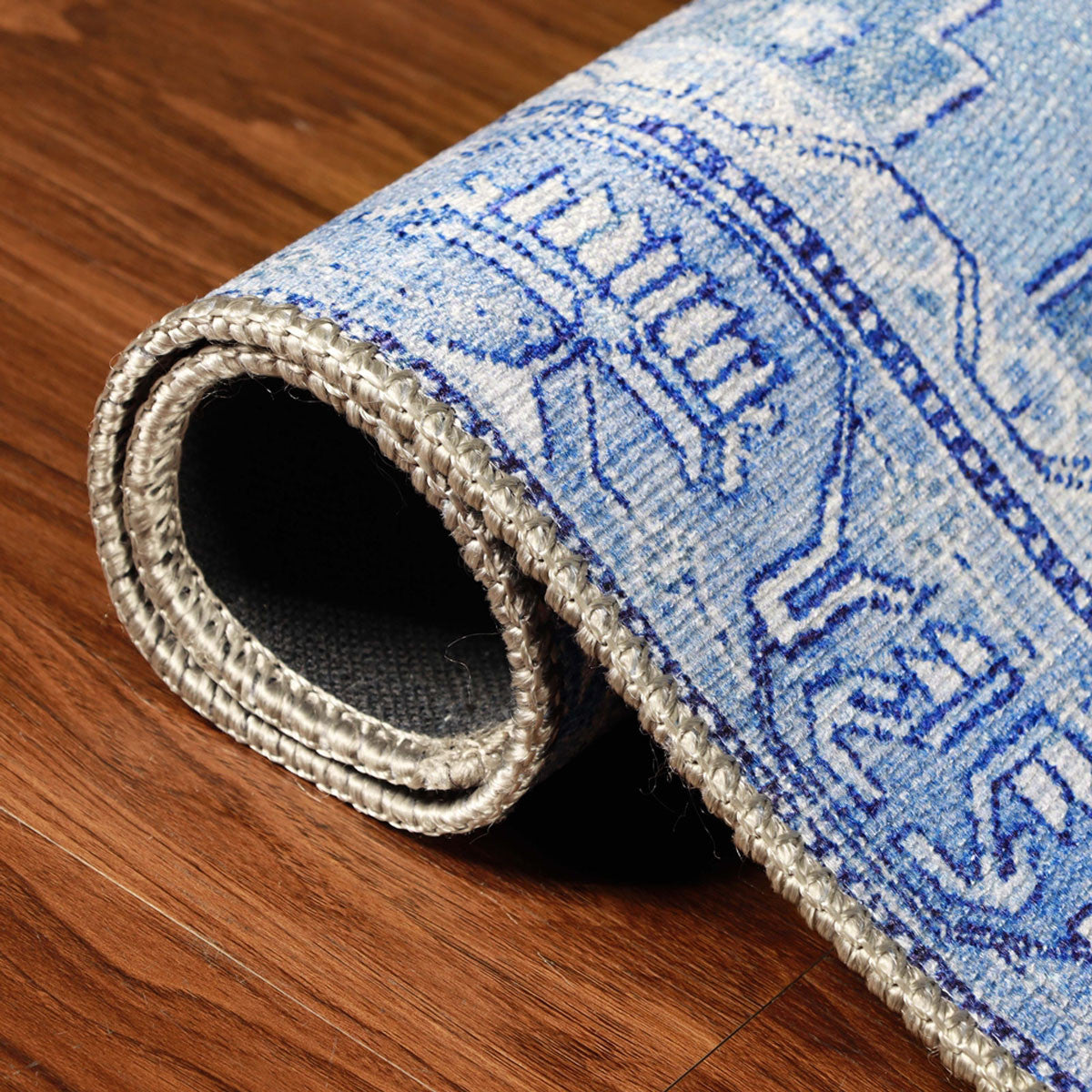 4' X 6' Shades Of Blue Geometric Power Loom Distressed Stain Resistant Non Skid Area Rug