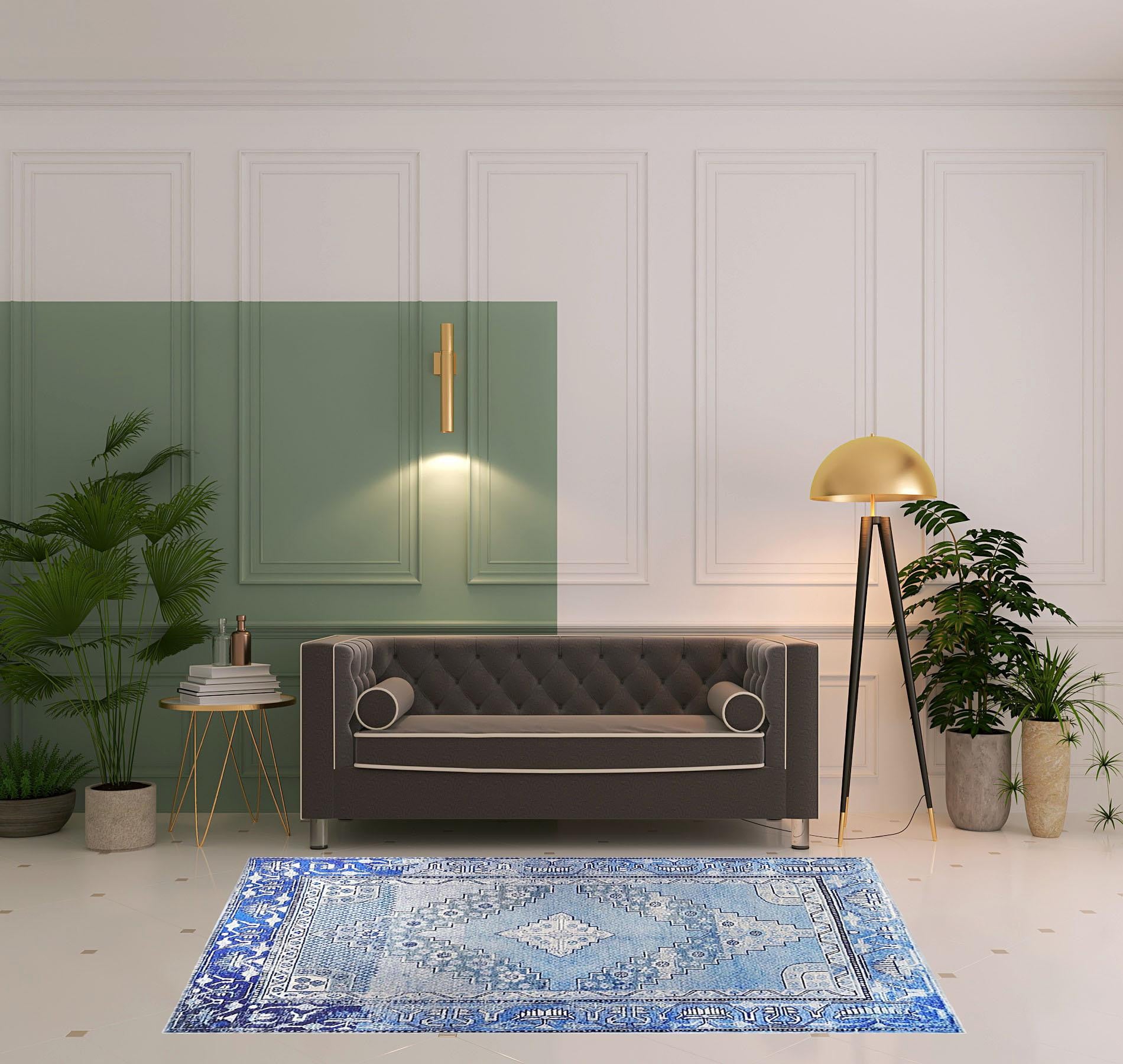 5' X 8' Shades Of Blue Geometric Power Loom Distressed Stain Resistant Non Skid Area Rug