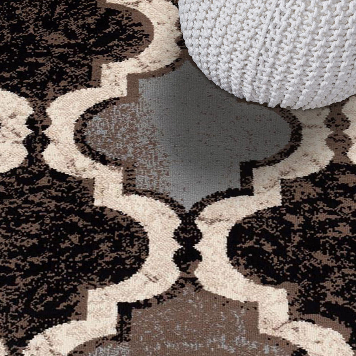 8' Square Chocolate Square Quatrefoil Power Loom Distressed Stain Resistant Area Rug