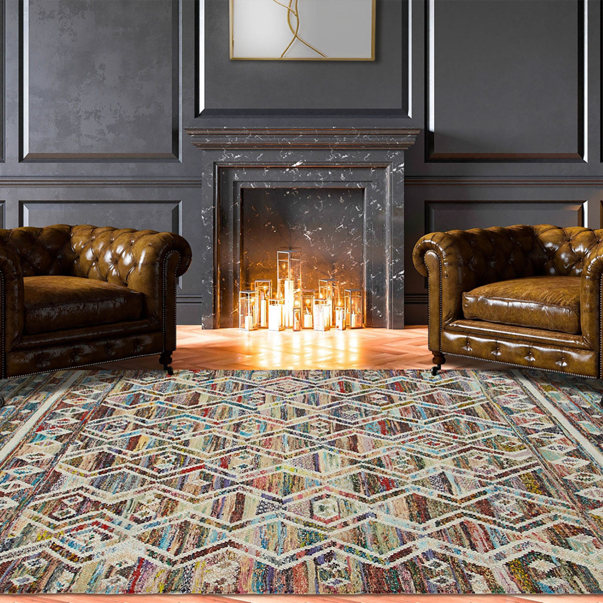 8' X 10' Ivory Blue Pink Gold And Green Geometric Hand Woven Area Rug With Fringe