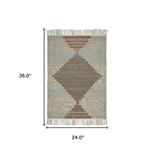 2' X 3' Light Blue Geometric Flatweave Handmade Stain Resistant Area Rug With Fringe