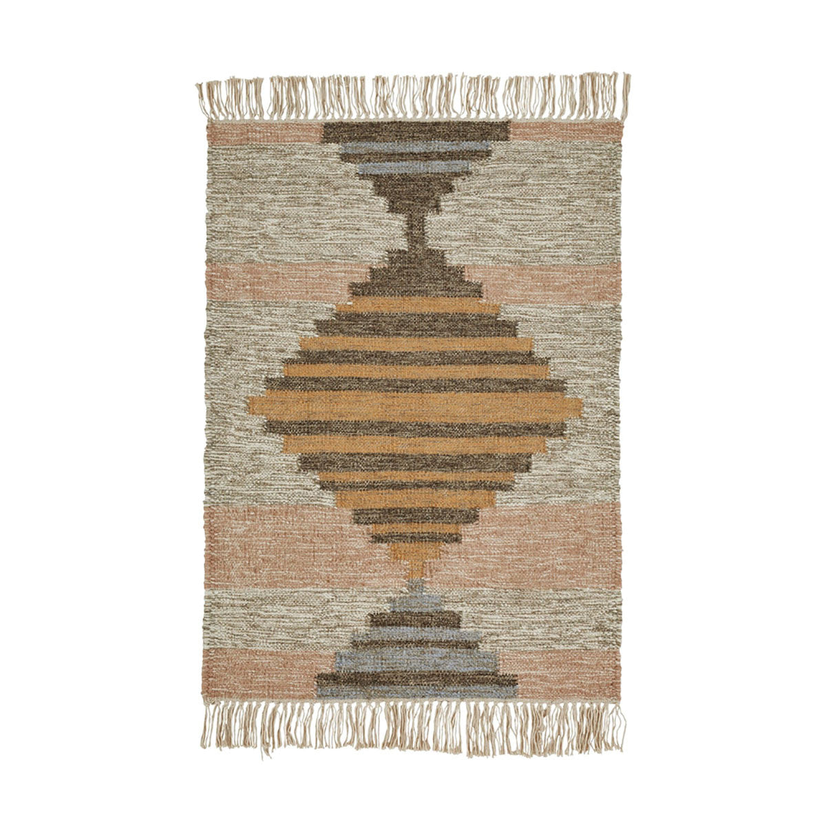 2' X 3' Vanilla Cream Geometric Flatweave Handmade Stain Resistant Area Rug With Fringe