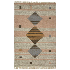 5' X 8' Vanilla Cream Geometric Flatweave Handmade Stain Resistant Area Rug With Fringe