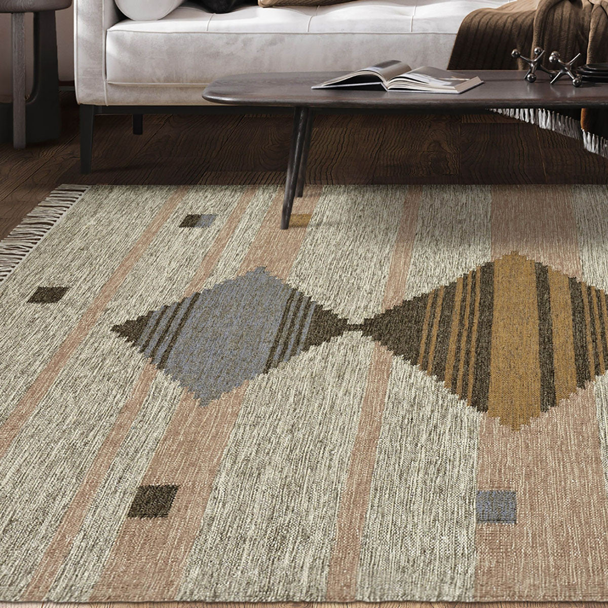 5' X 8' Vanilla Cream Geometric Flatweave Handmade Stain Resistant Area Rug With Fringe