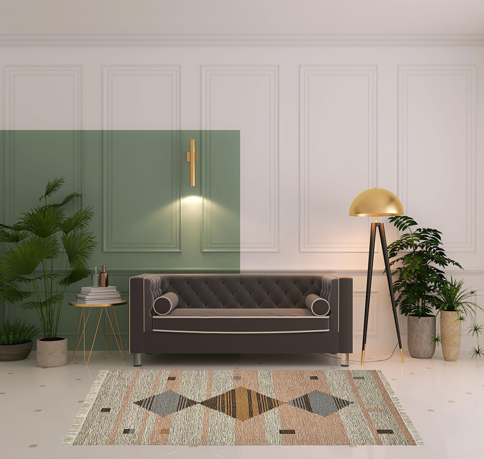 5' X 8' Vanilla Cream Geometric Flatweave Handmade Stain Resistant Area Rug With Fringe