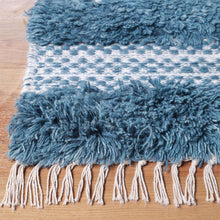 10' Blue And Ivory Wool Striped Flatweave Handmade Stain Resistant Runner Rug With Fringe