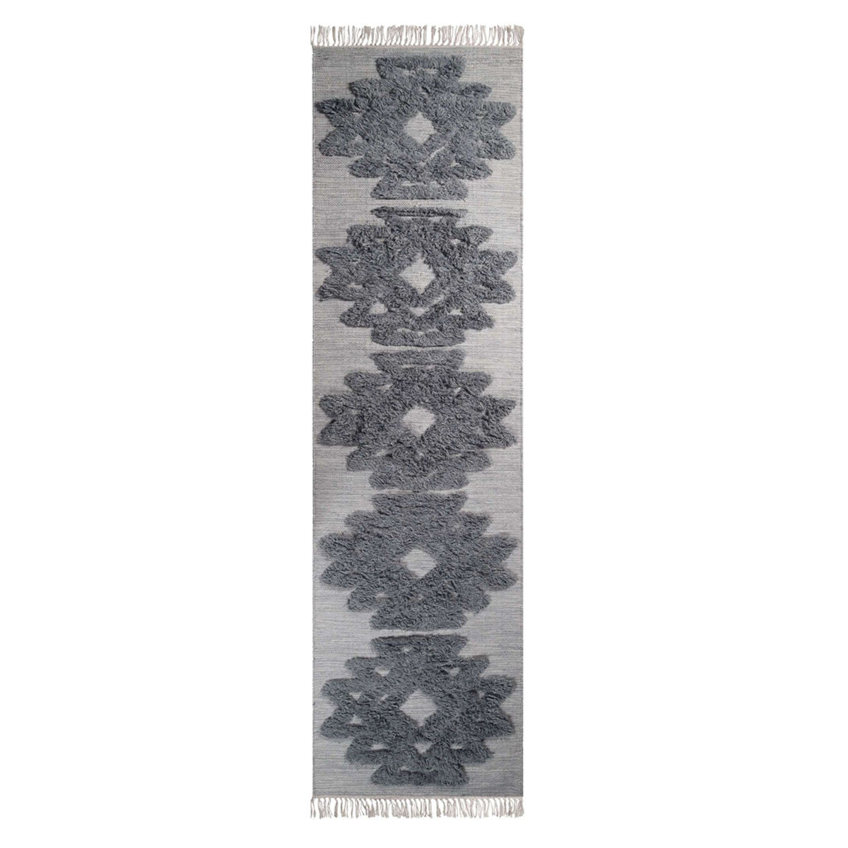 10' Silver And Grey Wool Geometric Flatweave Handmade Stain Resistant Runner Rug With Fringe