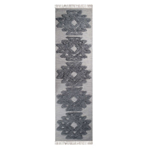 10' Silver And Grey Wool Geometric Flatweave Handmade Stain Resistant Runner Rug With Fringe
