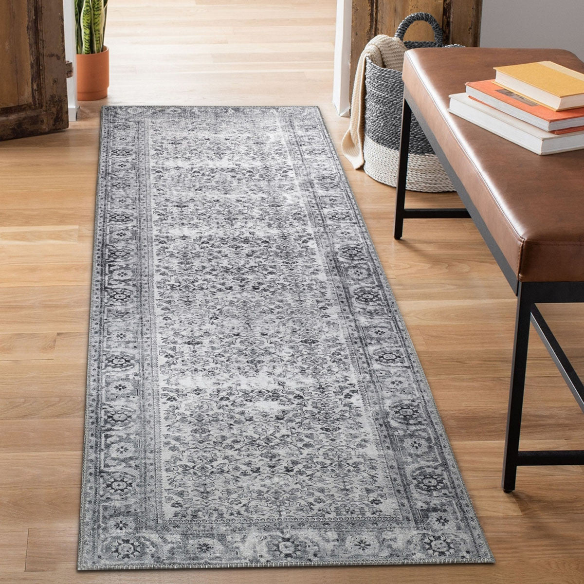 8' Charcoal Oriental Power Loom Stain Resistant Runner Rug