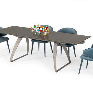 94" Grey Rectangular Glass And Metal Self-Storing Leaf Dining Table