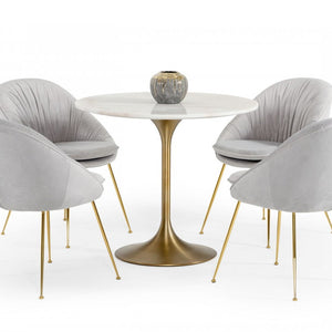 35" White And Gold Rounded Marble And Metal Dining Table