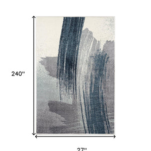 2' X 20' White And Blue Abstract Power Loom Stain Resistant Area Rug