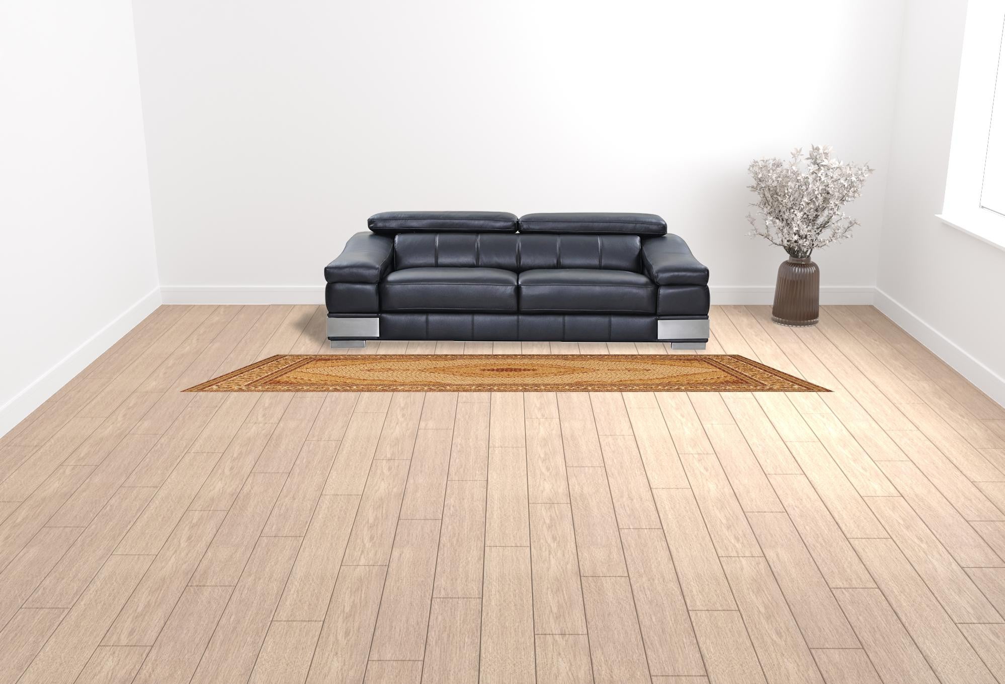 2' X 13' Cream Oriental Power Loom Stain Resistant Area Rug