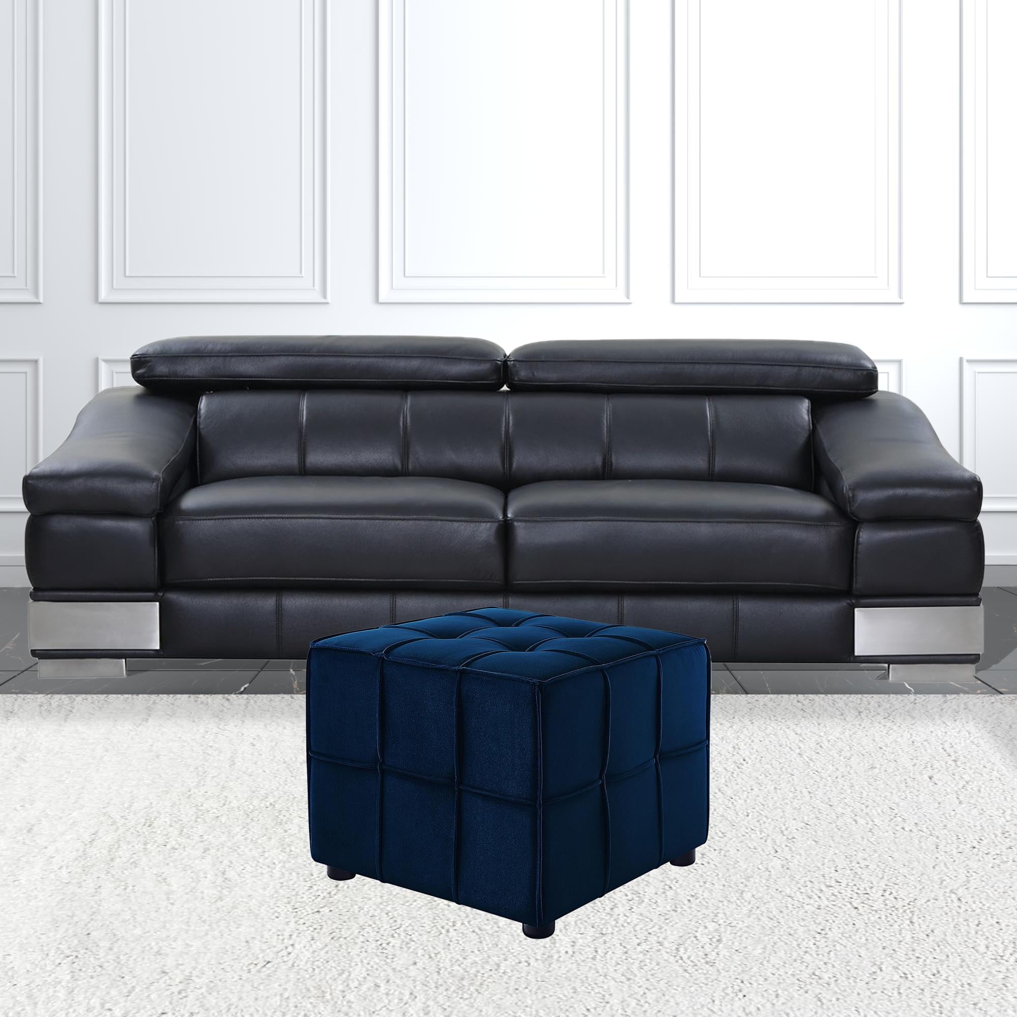 22" Navy Velvet And Black Cube Ottoman
