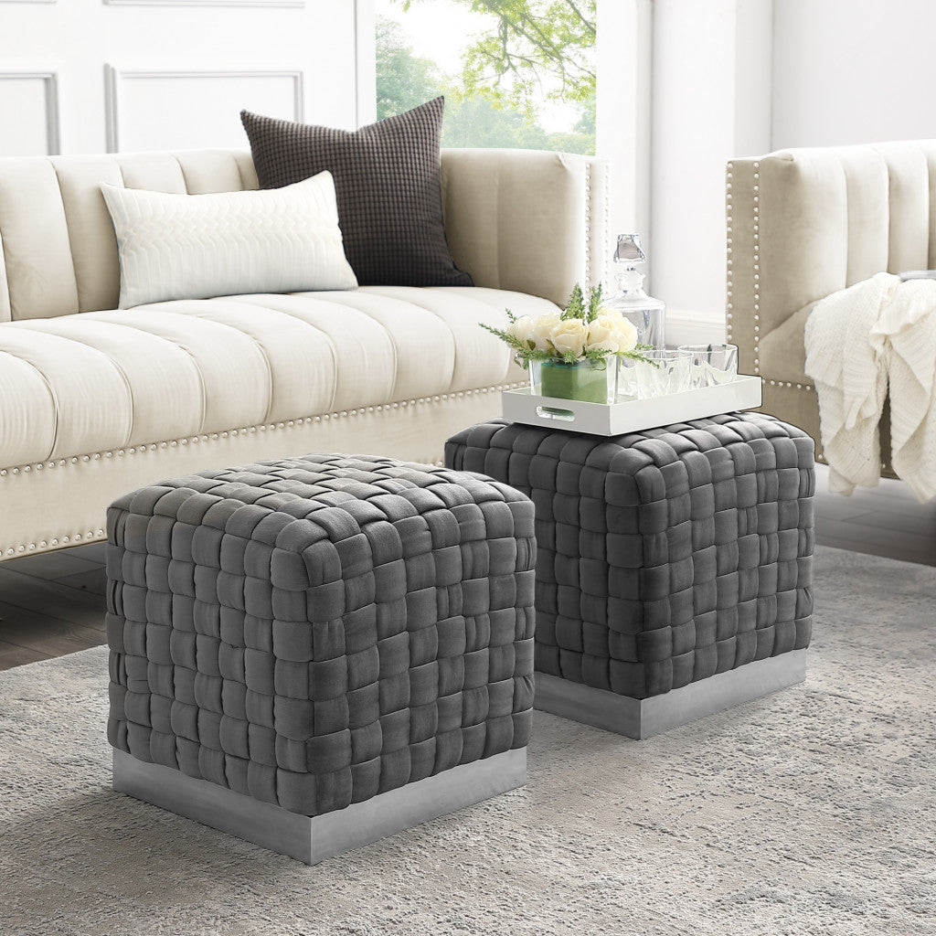 17" Grey Woven Velvet And Silver Ottoman