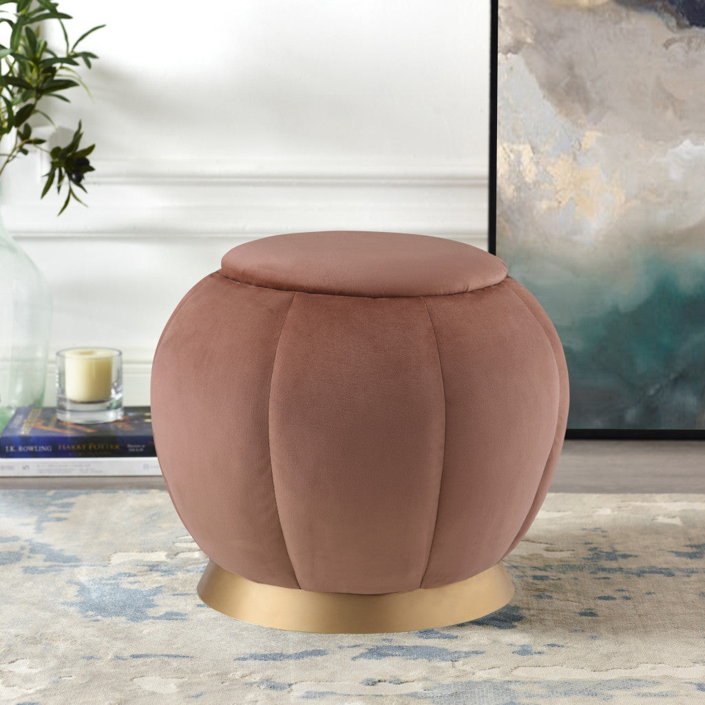 20" Blush Velvet And Gold Round Bloom Ottoman