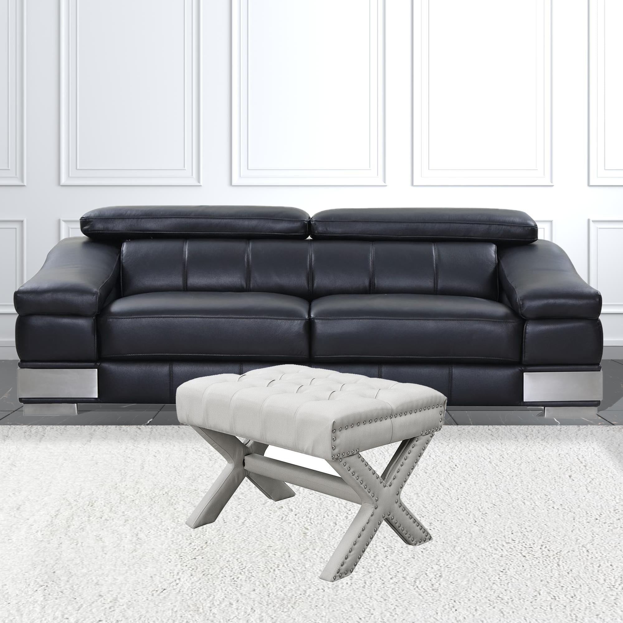 Cream White 100% Linen Tufted Ottoman 20"