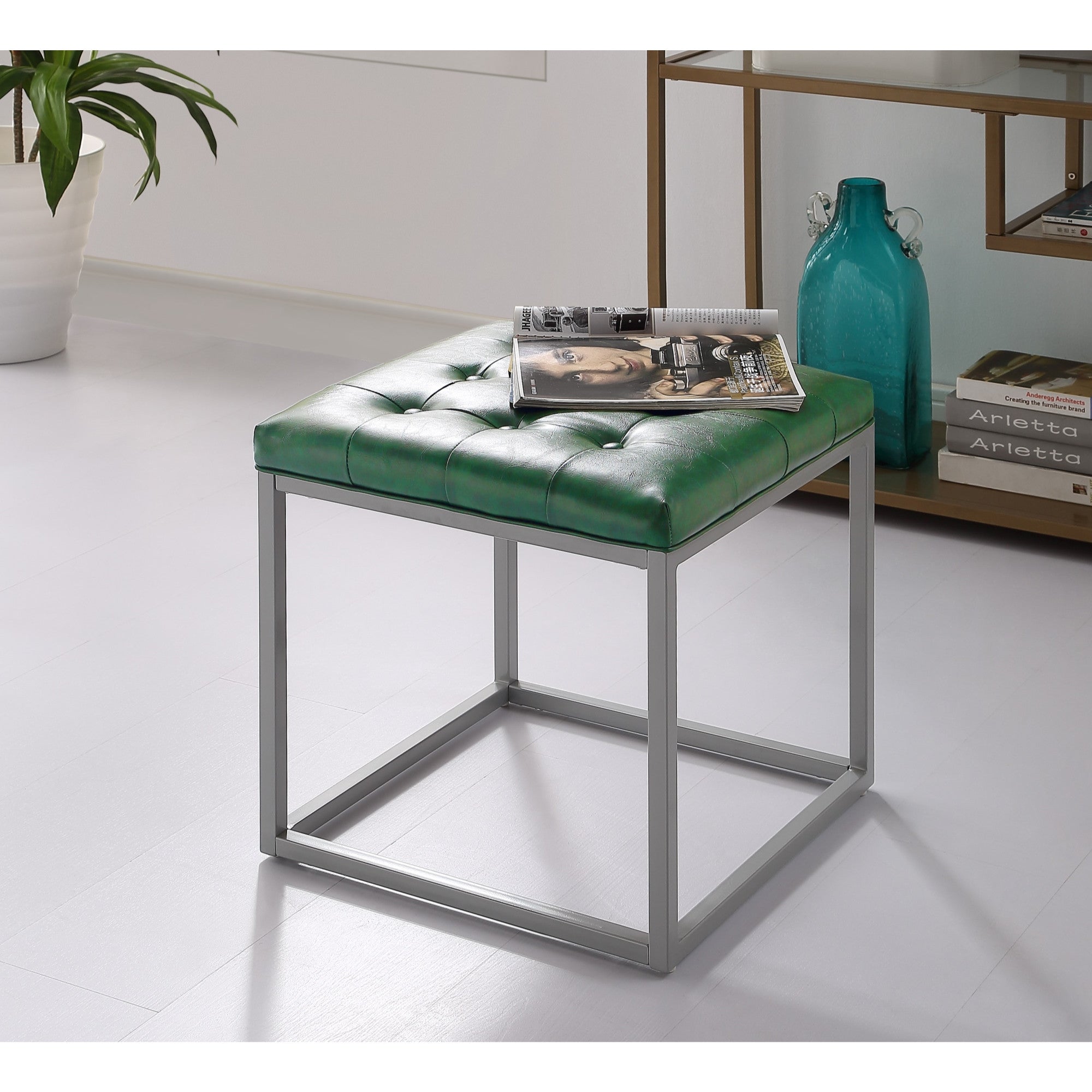 18" Green Faux Leather And Silver Cube Ottoman