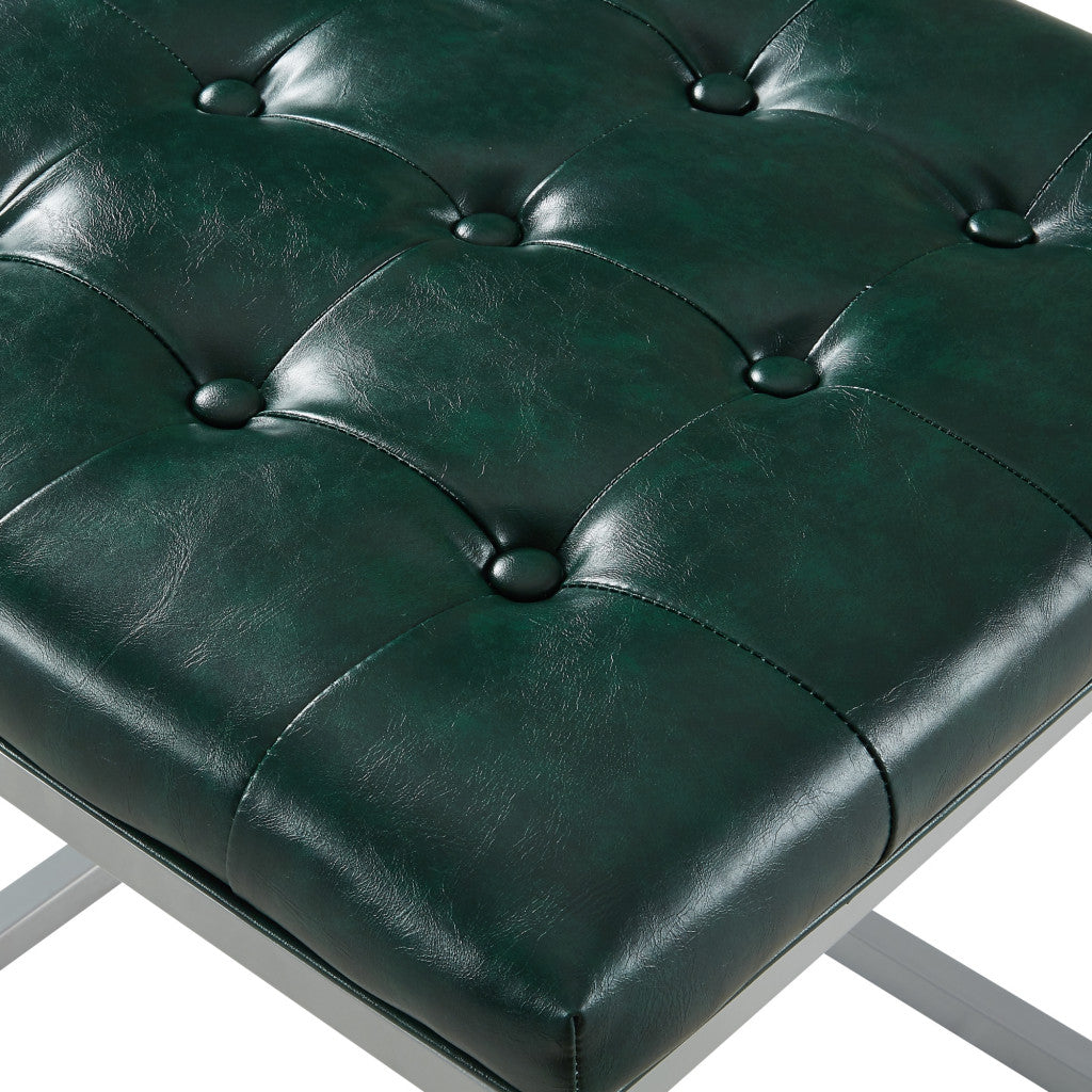 18" Green Faux Leather And Silver Cube Ottoman
