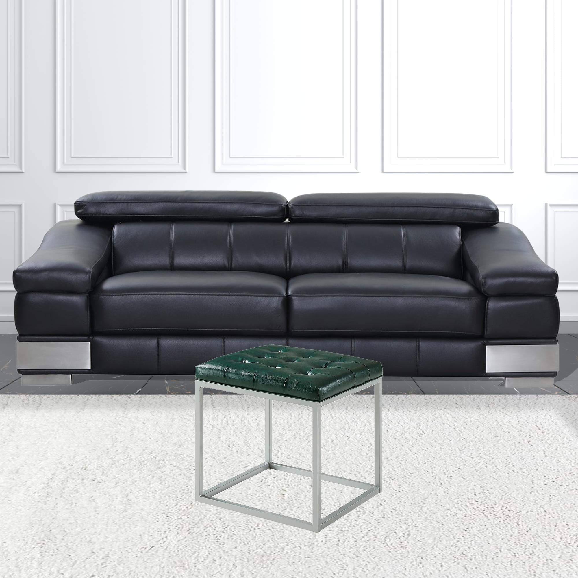 18" Green Faux Leather And Silver Cube Ottoman