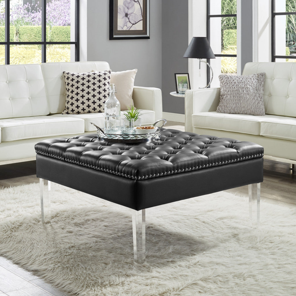Black Faux Leather And Clear Cocktail Ottoman 35"