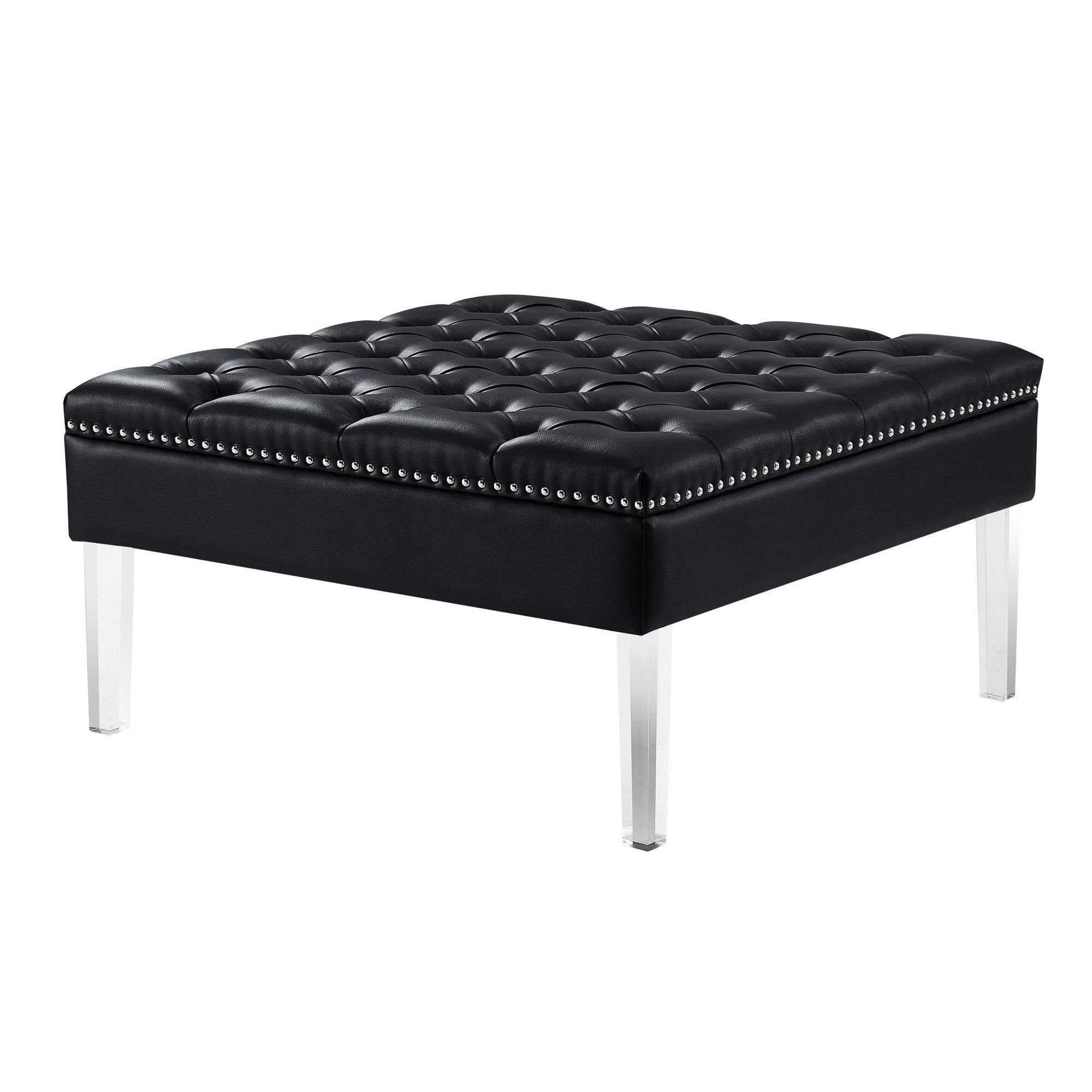 Black Faux Leather And Clear Cocktail Ottoman 35"