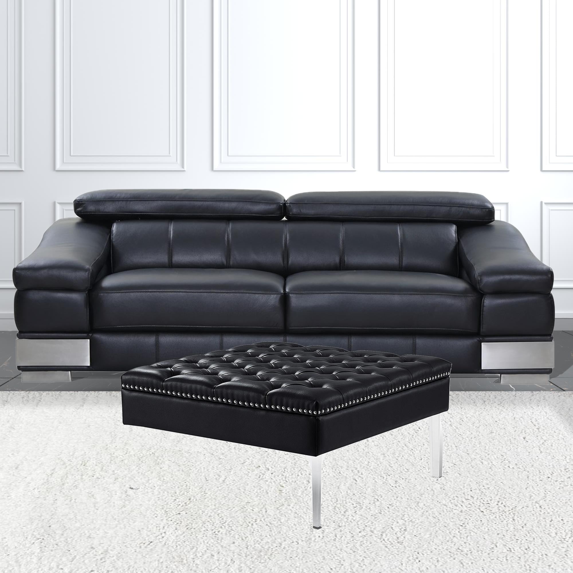Black Faux Leather And Clear Cocktail Ottoman 35"