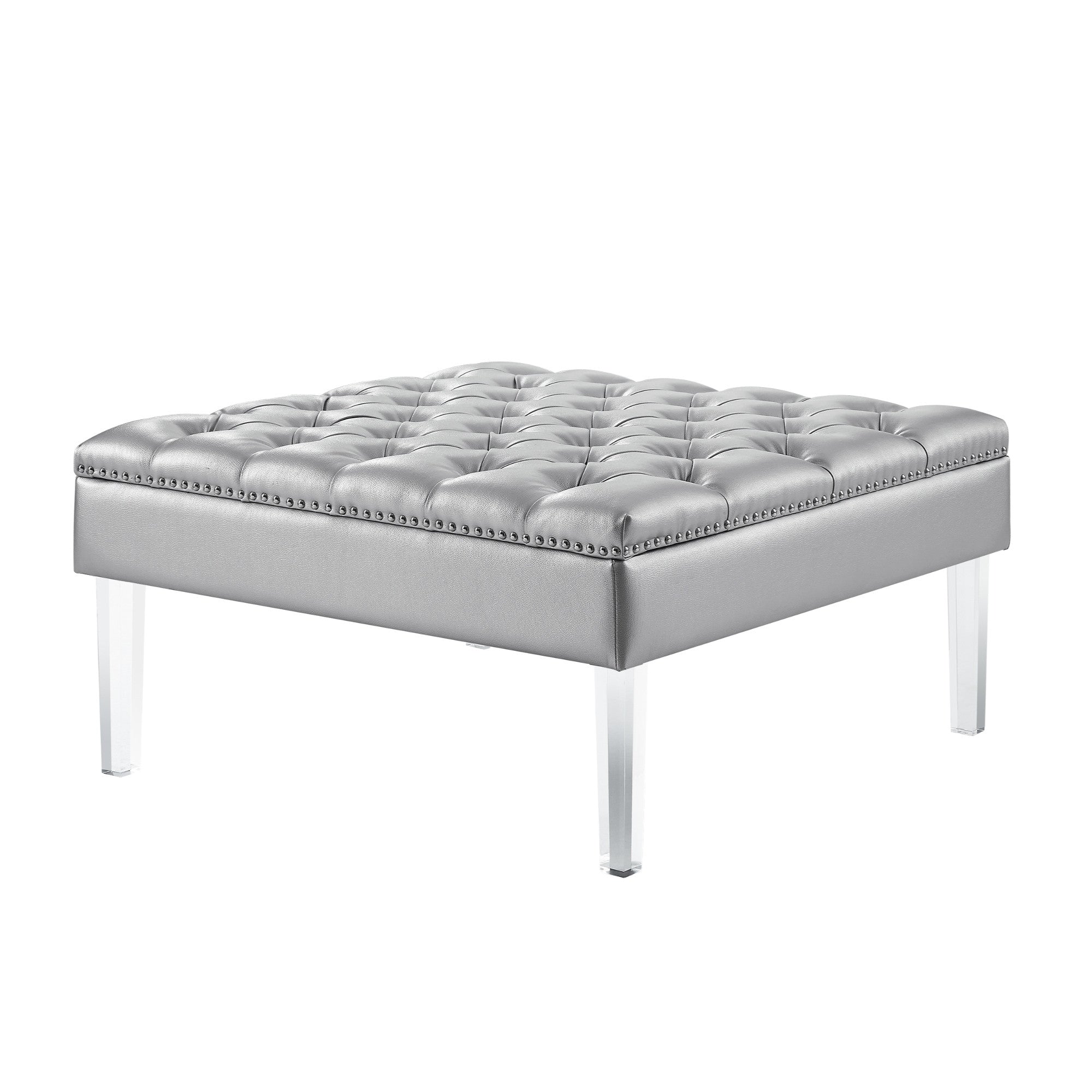 Silver Faux Leather And White And Clear Tufted Cocktail Ottoman 35"