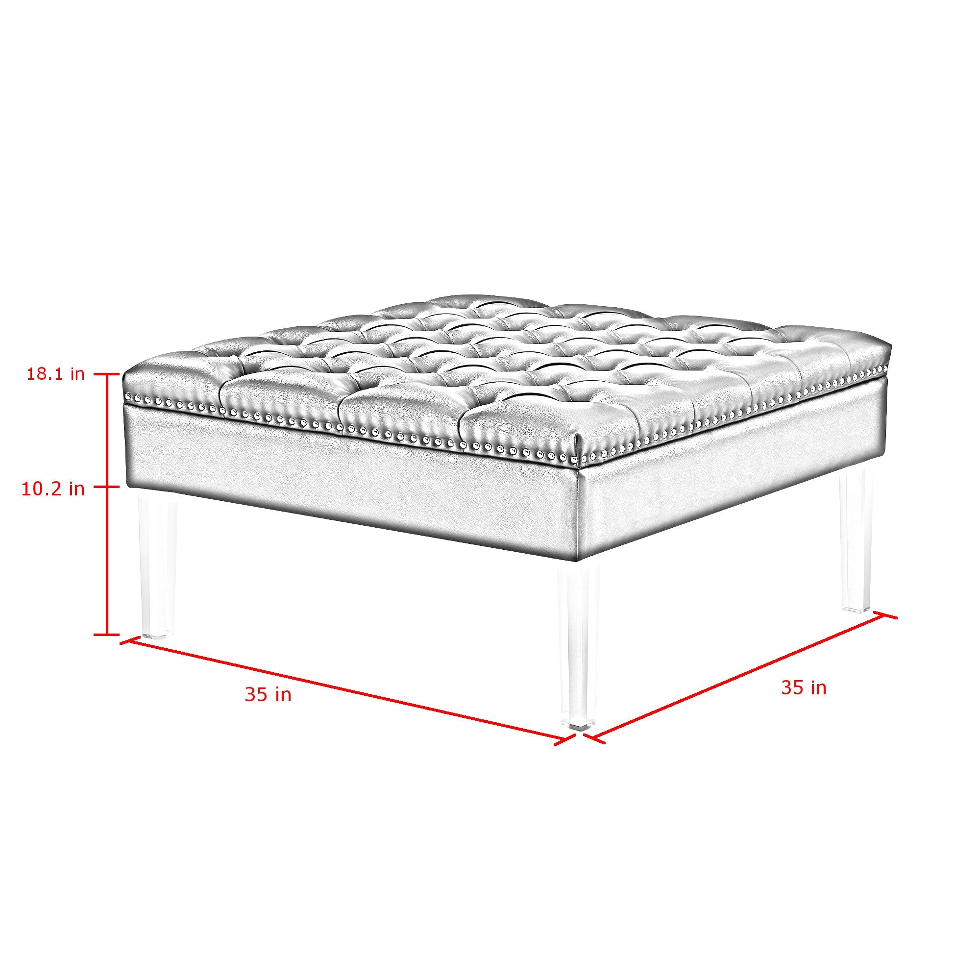 Silver Faux Leather And White And Clear Tufted Cocktail Ottoman 35"
