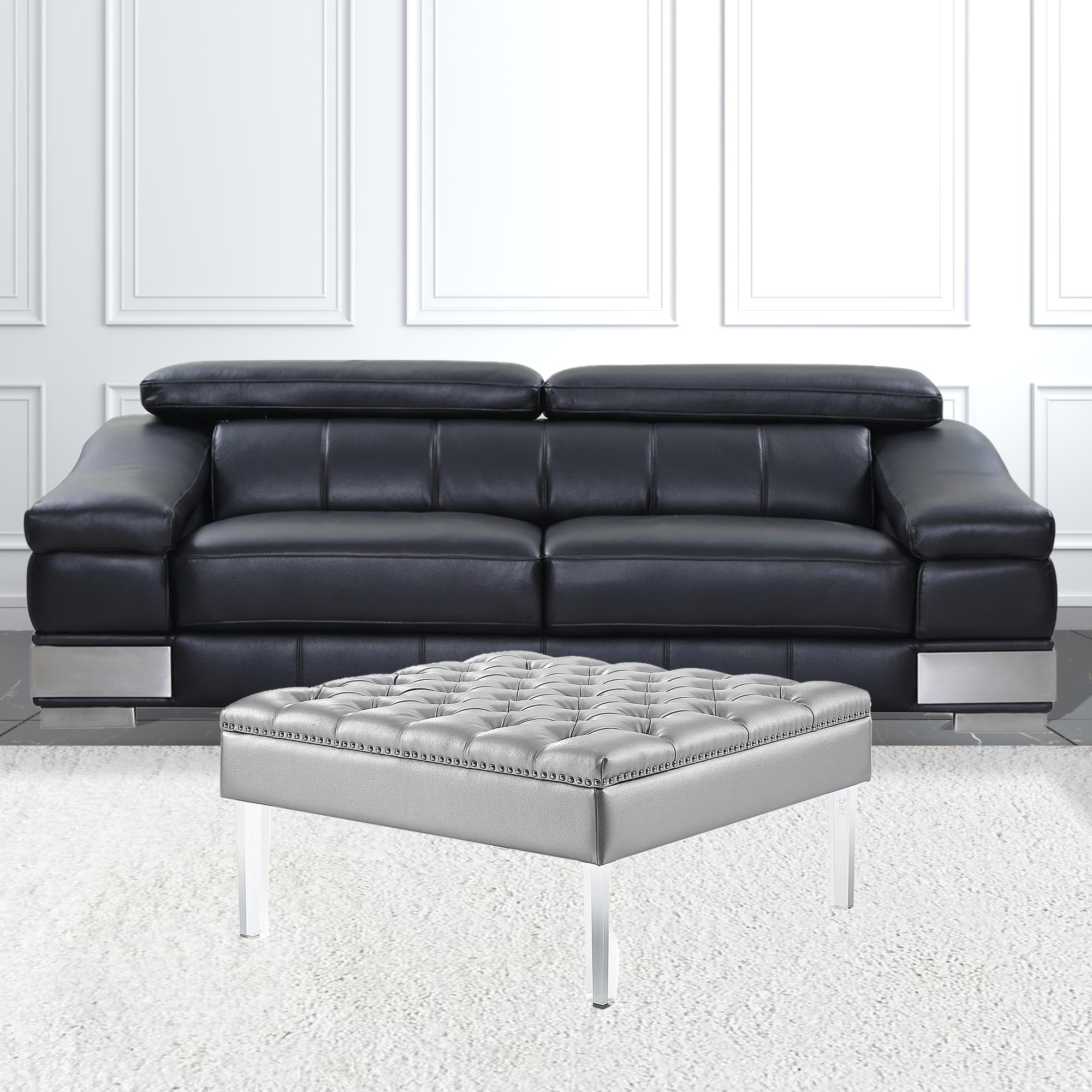Silver Faux Leather And White And Clear Tufted Cocktail Ottoman 35"